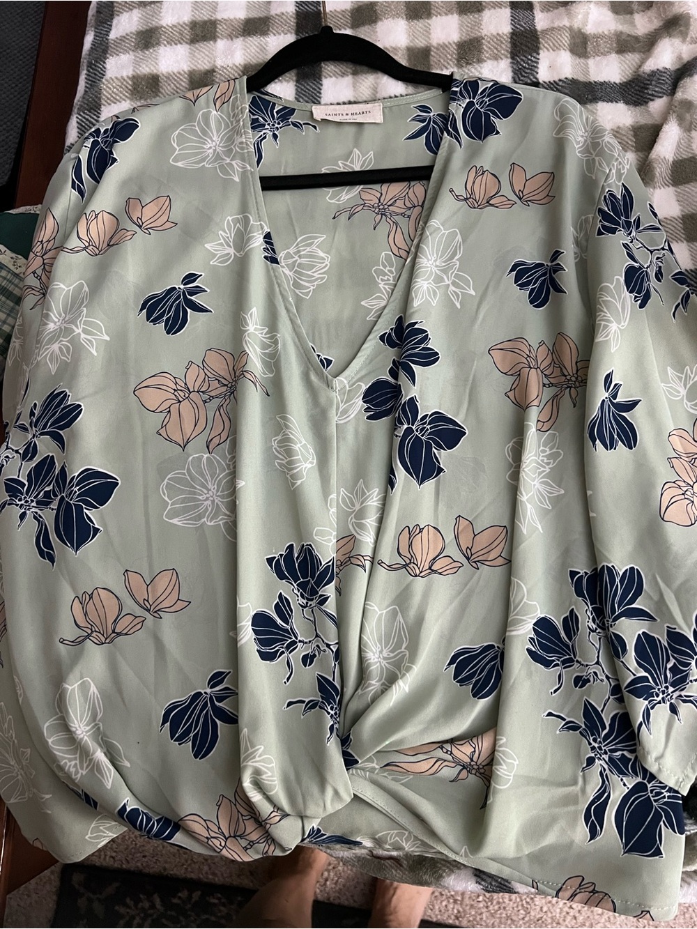 Twist-Front V-Neck Floral Blouse - Sage Green